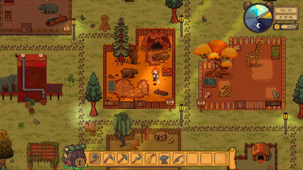 Multiple outdoor animal pens connected by stone paths in Pawsome Resort