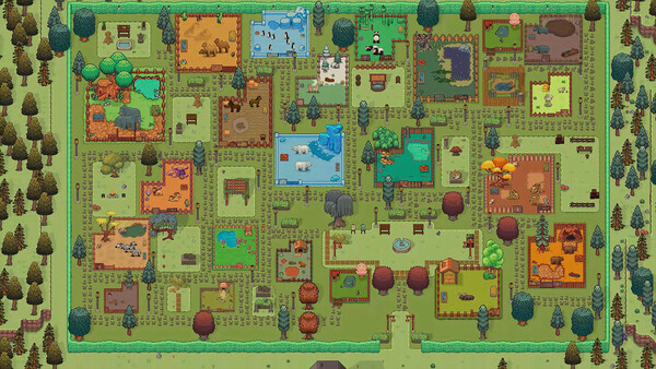 Top-down view of habitat zone with many species pens in Pawsome Resort